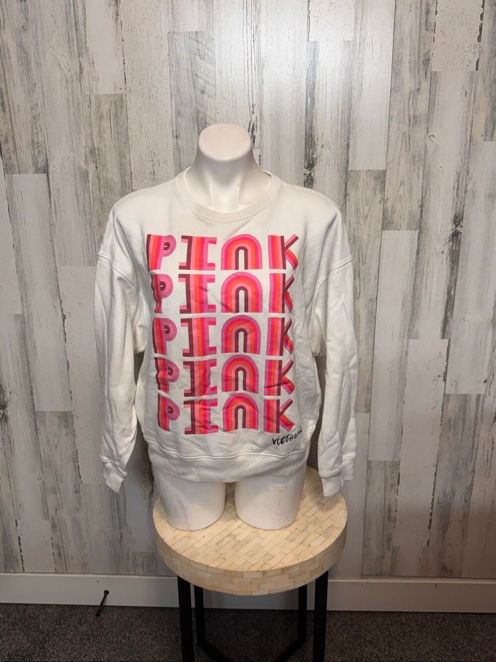 Victoria’s Secret PINK Rainbow Repeat Logo Crewneck Sweatshirt White Womens M